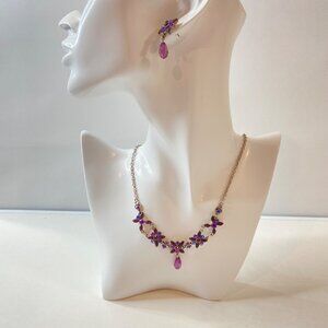Vintage Silver Necklace &Earring Set Purple Floral Rhinestones Teardrop Gems